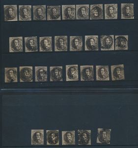 Nr. 3 „10c. braun” (30x), alle zweite Wahl, mit einigen besseren Abstempelungen, schön/zu kontrollieren