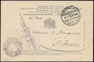 1918 Carte correspondance de service (Ministère des finances), afstempeling Gembloux (Gembloers), dd. 31 januari 1918, naar Saint-Martin (Geadresseerd aan de burgemeester), zm 