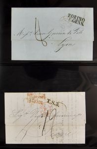 Verzameling Italiaanse voorlopers, ongeveer 400 stuks, vanuit Genua en Milaan naar Lyon, mooie stadsverzameling, in 2 albums, zm/m/ntz