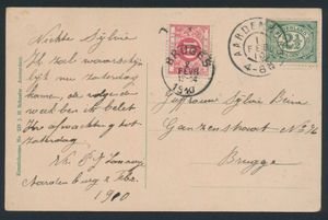 1910 Carte vue illustrée représentant un costume traditionnel, envoyée d'Aardenburg à Bruges, affranchie avec le n° 55 (pas de tarif frontalier) avec surtaxe 