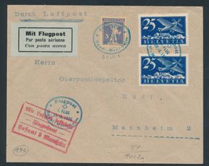 28.9.1952 N° 25.64/01 (Mi. Zeppelin Specialised), Basel-Mannheim Flight brief met het ovale vluchtstempel in blauw, zowel op de brief als op de afstempeling van de Zwitserse frankering, met Mannheim aankomststempel op de voorkant, zm