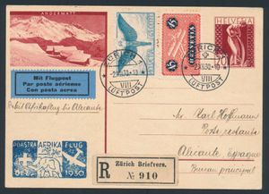 2.12.1930 Ad Astra Africa Flight geïllustreerde 20rp briefkaart verzonden als aangetekende post vanuit Zürich naar Alicante, Spanje, opgewaardeerd met 45rp en 65rp luchtpostzegels, vluchtstempel in blauw en Spaanse transit- en aankomststempels op de achterzijde, zm