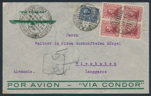 Uruguay : 9.10.1934 N° 409D (Mi. Zeppelin Specialised), LZ 127 vol en Amérique du Sud lettre de Montevideo, Uruguay à Wiesbaden, Allemagne, affranchissement uruguayen régulier mais beau et cachet de vol en zeppelin sur le recto, cachet postal de transit de Stuttgart sur le verso, tb