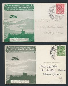 Grande-Bretagne 12.9.1911 Première carte postale aérienne britannique vert olive foncé affranchie à 1/2d et envoyée à Londres et lettre verte affranchie à 1d et envoyée à Nottingham, toutes deux avec cachet postal spécial, tb