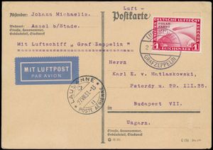27.8.1931 N° 215lb (Mi. Zeppelin Specialised), LZ 127 Swiss Flight - Lausanne drop-off ansichtkaart verstuurd naar Boedapest, Hongarije en gefrankeerd met een postzegel van 1 RM met de opdruk POLAR-FAHRT 1931 (Michel 456, cataloguswaarde op brief € 250), voorzien van Bordpost-stempel, Lausanne landingsstempel ernaast met dezelfde datum, zm