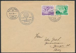 14.5.1939 N° 84 (Mi. Zeppelin Specialised), Internationale weerballonvlucht Zürich - Bäretswill brief verzonden vanuit Vaduz naar Gempen, Zwitserland, met 10rp + 50rp luchtpostzegels, speciale vluchtstempel en landingspoststempel beide naast elkaar op de voorkant, zm