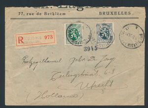 N° 262 en 263 + 279 en 283 op aangetekende brief van Brussel naar Utrecht (Nederland), m