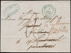 1848 Voorloper zonder inhoud, vanuit Bruxelles, dd. 1 september 1848, naar Gontreuil, aankomststempel Type 18 Givry, port 3 decimen, teruggestuurd naar Bruxelles (Debourse Mons ovale stempel rood), ontvangstempel is met vacatienummer, zm