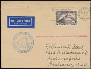 15.5.1929 N° 23a (Mi. Zeppelin Specialised), LZ 127 Amerikafahrt brief verzonden naar Indianapolis, IN en gefrankeerd met een 4 RM postzegel (Michel 424) met een Friedrichshafen slogan poststempel, zeppelin vlucht cachet in blauw ook aanwezig op de voorkant, naast 