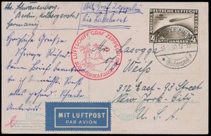 18.5.1930 N° 62a (Mi. Zeppelin Specialised), LZ 127 Zuid-Amerika Vluchtkaartje verzonden naar New York en voorzien van een 4 RM Zuid-Amerika Zeppelin Vluchtzegel (Michel 439, cataloguswaarde € 500 voor de postzegel op de brief) gestempeld door Friedrichshafen, zeppelinvluchtstempel naast in karmijnrood en Lakehurst, NJ aankomststempel in groen (gedateerd 31.5), zm