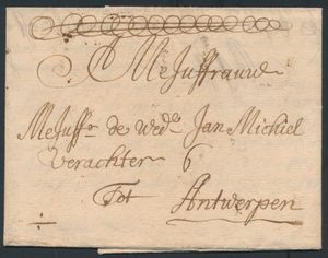 1709 Voorloper met inhoud, vanuit Londen (Engeland), dd. 21 september 1709, naar Antwerpen, met de krullen (cito-cito), zm