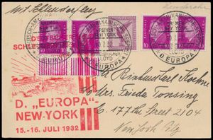 15.7.1932 N° 93c (Mi. Zeppelin Specialised), catapult postcard sent to New York and carried aboard the 