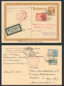 Postgeschiedenis van de luchtpost uit de jaren 1920-1930, lot van 8 brieven (waarvan 4 op pagina's zijn gemonteerd) met kleurrijke frankeringen, aangetekende post en diverse bestemmingen, ongewoon in een dergelijke hoeveelheid, zm/m