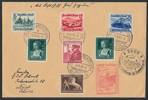 13.8.1939 N° 27 (Mi. Zeppelin Specialised), LZ 130 Eger Vliegpostkaart verstuurd naar Zürich, Zwitserland, met een prachtige frankering inclusief de complete serie van de Berlijnse Automobielbeurs van 1939 (Michel 686-688), zowel zeppelin-vliegpoststempel als speciale poststempel aanwezig op de voorzijde, zm