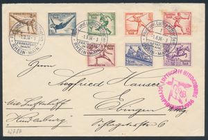 1,8.1936 N° 32Ia (Mi. Zeppelin Specialised), LZ 129 Olympiafahrt brief verstuurd naar Ebingen, Duitsland en gefrankeerd met de complete Olympische set van 1936 (Michel 609-616), allemaal afgestempeld door een speciale Frankfurt poststempel, zeppelin vlucht stempel ernaast in lila-roze, Berlijn aankomst c.d.s. op de achterkant, zm