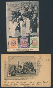 1910/1912 Geïllustreerde briefkaart naar België en zichtkaart met zegels aan voorzijde naar Zwitserland, zm