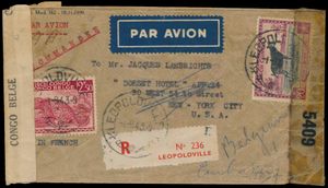 1943, lettre recommandée par avion , affranchi par N° 241 et 246 '2F50 carmin et 20 Fr grenat et noir' oblitérés Leopoldville 1/9/1943, à destination de New-York, bande de censure Congolaise et Américaine, tb