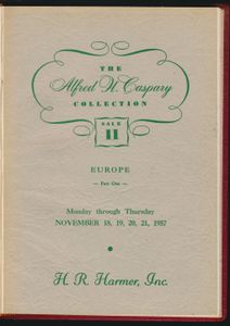 The Alfred H. Caspary Collection of Europe Part One; Alfred H. Caspary; H.R. Harmer, Inc., New York; 1957; gedrukt; ingebonden; Engels; 176 pag.; harde kaft; zeer mooi; veilingcatalogus van veiling 11 van de legendarische Caspary collectie, met Europese landen (Zwitserland, Roemenië, België, Luxemburg, Scandinavië, Nederland en Indië, Frankrijk en Koloniën), prachtig gebonden.