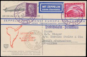 3,5.1932 N° 241d (Mi. Zeppelin Specialised), LZ 127 Zuid-Amerika-vlucht geïllustreerde ansichtkaart verzonden naar Recife, Brazilië en gefrankeerd met een postzegel van 1 RM (Michel 455) plus een normale postzegel van 40 pf, beide afgestempeld door Bordpost, zeppelinvluchtstempel in rood, evenals Braziliaanse aankomststempel, zm