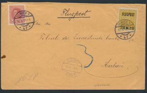 12.4.1918 luchtpostomslag verzonden van Wenen naar Krakau, Polen, met een 2,50 kr op 3 kr grijze papieren luchtpostzegel (Michel 226xIA, cataloguswaarde op omslag € 130) en een 15 pf gewone postzegel, aankomststempel op de achterkant, zm