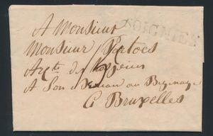 1821 Voorloper met inhoud vanuit Soignies (Herlant 15), dd. 1 april 1821, naar Bruxelles, port 15 centiemen, zm
