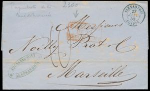 1858 Voorloper met inhoud, vanuit Alexandrië (Egypte), dd. 27 januari 1858, naar Marseille, mooie rode stempel in kader met 3 lijnen 