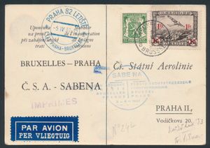 Belgien, Sabena, 1. Direktflug Brüssel-Prag 5-4-1937, PA 6 + Nr. 425 auf AK, einwandfrei