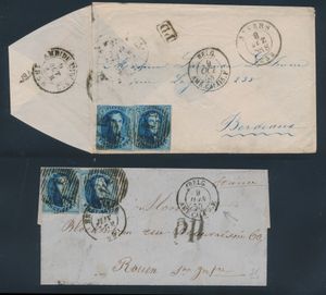 1858/1938, samenstelling met ambulante stempels op 12 brieven of PWS, diverse bestemmingen, zm/m.