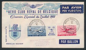 Belgien, PA 26/27 Triptychon auf Sonderumschlag 7.7.1951 auf Rückseite E 57/62, einwandfrei