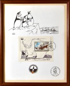 Zuidpoolmissie van A. De Gerlache, 1957/1979, BL 42 (België) op tekening door Hergé in kader met stempel 