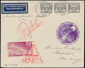 1935 Premier vol de fusée nocturne Katwijk avec vignette, divers cachets, signé, pièce rare, tb