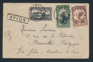 1933 Luftpostbrief, frankiert mit Nr. 177, PA 2 und PA 4, versandt am 20. April 1933 von Nizi nach Brüssel über Juba, Khartum, Kairo, Transit ABA 28-4-33, einwandfrei
