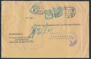 1918 Brief Kriegsamtnebenstellen Diedenhofen mit Frankatur „30c” auf der Rückseite, Vorderseite Strafport 3 Marken (5, 12 1/2 und 25c.), doppelte Verwendung, einwandfrei