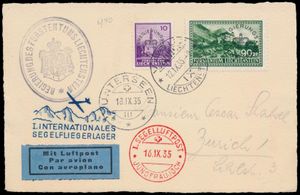 12.9.1935 N° 60g (Mi. Zeppelin Specialised), Eerste Zwitserse internationale zweefvliegtuigpostvlucht - Jungfraujoch-ansichtkaart verzonden vanuit Vaduz en verstuurd naar Zürich, afgegeven in Unterseen en gefrankeerd met OFFICIËLE postzegels van 10rp en 90rp (Michel Dienst 12 + 18, de cat. waarde voor de 90rp op de brief is € 100), speciale vluchtstempel en poststempel in respectievelijk blauw en rood ernaast, evenals een officieel zegel van de regering van Liechtenstein in de linkerbovenhoek, zeldzaam, zm