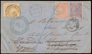 1865 Bijzondere brief van Gibraltar naar Alexandria, opnieuw geadresseerd naar Zostioli, met een zegel van Oostenrijkse Levant, stempel 