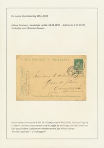 1918 Verzameling Isidore Crokaert, carabinier cyclist. 7 smokkelbrieven (van de zussen) en zijn doodsbrief, overleden op 6 november 1918, in Adinkerke (vijf dagen voor het einde van de oorlog), zm