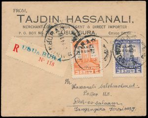 1941, registered from Usumbura 10 March 1941, franked with N° 122 and 123, destination Dar-Es-Salaam, British censorship on the back, these stamps are rare on cover, vf