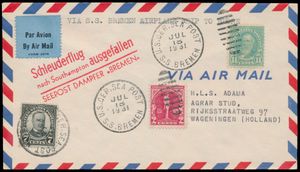 18.7.1931 N° 57b (Mi. Zeppelin Specialised), catapult post cover addressed to Wageningen, Netherlands and intended to have been launched from the steamer 