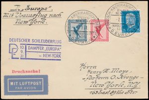 8.9.1931 N° 69b (Mi. Zeppelin Specialised), catapult post cover sent to New York and carried aboard the 