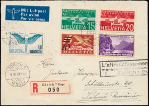 8.9.1938 luchtpostomslag aangetekend verzonden van Zürich naar Sibiu, Roemenië, met een kleurrijke frankering inclusief de 10 op 15rp cursieve toeslag (SBK F19, cat. waarde CHF 75 op brief), ingelijste poststempel op de voorkant die aangeeft dat er extra frankering moest worden geïnd bij de afzender omdat de brief ondergefrankeerd was, transit- en aankomststempels op de achterkant, een zeldzame bestemming, zm