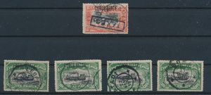 N° 48 PT, 49 PT (4x) '3.50 Fr vermilion and 10 Fr green' Princes Printing with typography overprints - Belgian Congo' three of the 10 Fr with telegraph cancellations (Positions 48 for the 3.50 Fr and 6-10-12 and 25 for the 10 Fr), fine condition (OBP €565)
