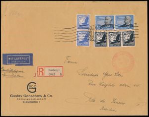 17.5.1939 grote luchtpostbrief, aangetekend verzonden vanuit Hamburg naar Rio de Janeiro, Brazilië, met een zware frankering, waaronder een paar van de 3 RM luchtpostuitgifte van 1934 (Michel 539), ongebruikelijk, zm
