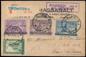 1941, registered from Usumbura 31/03/41, franked with set N° 114/17, British censorship 'Passed by sensor N° 8 in purple', rare stamps on cover, vf.