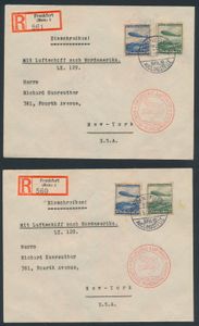 4.5.1936 N° 12a (Mi. Zeppelin Specialised), LZ 129 Nordamerikafahrt twee aangetekende brieven verzonden vanuit Frankfurt naar New York en beide gefrankeerd met de twee postzegels van de luchtpostuitgifte van 1936 (Michel 606-607) met regulier poststempel Frankfurt, zeppelinvluchtstempel naast op de voorkant in rood en transit- en aankomststempels op de achterkant, perfecte kwaliteit, zm