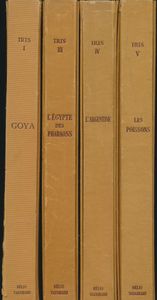 Iris - Recueils philatéliques d'Art, d'Histoire et de Science; Pierre d'Espezel, Fernand Bisson de la Roque, Max Daireaux, F.-E. Houdemer; Hélio-Vaugirard, Paris; 1948 - 1955; gedrukt; ingebonden; Frans; fluwelen harde kaft (with sliplcase); zeer mooi; Vier delen van de 