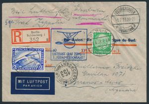 29.6.1933 N° 315b (Mi. Zeppelin Specialised), LZ 127 Zuid-Amerika vlucht brief verzonden aangetekend vanuit Berlijn naar Buenos Aires, Argentinië en gefrankeerd met een postzegel van 2 RM (Michel 423) samen met een normale postzegel van 5 pf, beide voorzien van Berlijnse poststempels, doorgestuurd naar Friedrichshafen waar het de c.d.s. met datum 1.7 en het zeppelinvluchtcachet in blauw kreeg, transit- en aankomstpoststempels op zowel de voor- als achterkant, diagonale vouw op de zeppelinpostzegel, verder in prima staat, zm