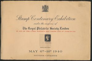 Stamp Centenary Exhibition under the auspices of The Royal Philatelic Society, London, May 6th - 14th, 1940; The Royal Philatelic Society, London; The Royal Philatelic Society, London; 1940; gedrukt; geniet; Engels; 80 pag.; zachte kaft; zeer mooi; de originele catalogus van de Postzegel Eeuwfeest Tentoonstelling, inclusief de lijst van deelnemende handelaren en exposanten, zonder twijfel een van de belangrijkste filatelistische tentoonstellingen in de geschiedenis van de hobby, ondanks het feit dat het werd georganiseerd in het midden van de Tweede Wereldoorlog, zeldzaam