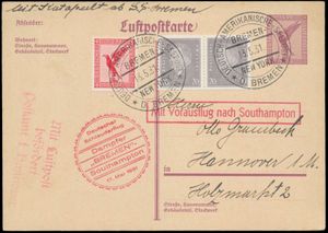 17.5.1931 N° 42c (Mi. Zeppelin Specialised), catapult post 15pf airmail postcard addressed to Hannover and carried aboard the 