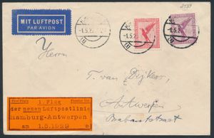 1.5.1929 N° 29.5/02 (Mi. Zeppelin Specialised), Hamburg - Antwerpen Eerste vlucht brief verzonden tussen de eindstations en gefrankeerd met 10pf en 15pf luchtpostzegels, aankomststempel op de achterkant, zm