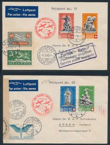 9.5.1940 Speciale postvluchten ten behoeve van het Rode Kruis partij van 3 brieven verzonden vanuit Samedan en Bellinzona respectievelijk naar Assen, Nederland, en Bazel, Zwitserland, elk gefrankeerd met onder andere PRO PATRIA-postzegels uit de uitgifte van 1940, een van de brieven naar Assen met Duitse censuur, zm/m